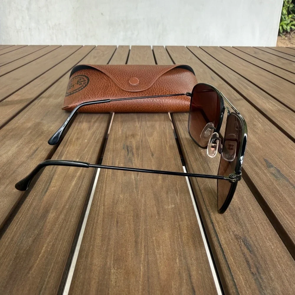 Ray-Ban Mens Aviator Sunglasses Black Metal Frame Brown Glass Visual Scene